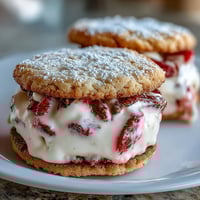 Strawberry Shortcake Cookies with Cream Filling: Soft, golden cookies with fresh strawberries, layered with silky vanilla cream for a nostalgic dessert.