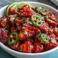 Fresh strawberry salsa with lime and jalapeño in a white bowl, garnished with cilantro, served with tortilla chips.