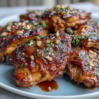Honey Garlic Baked Chicken Thighs with golden skin in a glossy glaze, served on a white plate with fresh parsley and sesame seeds.