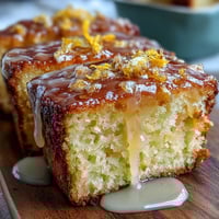 Lemon drizzle loaf cake with golden crust and glossy citrus glaze on white plate.