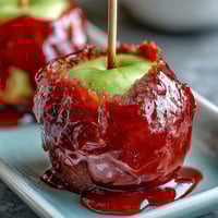 Mini Candy Apple Bites on toothpick skewers gleam with glossy red coating, perfect for festive snacking or party platters.