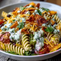 Taco Pasta Salad with Doritos and Avocado Ranch, a colorful mix of pasta, beans, veggies, and crunchy chips.  
