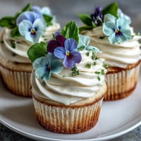 Delicate vanilla cupcakes topped with buttercream frosting and colorful edible flowers for a springtime treat.