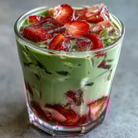 Strawberry Matcha Latte with Oat Milk: Vibrant layers of sweet strawberry puree, earthy matcha, and creamy oat milk in a chilled glass.