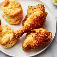Golden-brown Southern fried chicken with fluffy buttermilk biscuits, a comforting feast to savor.