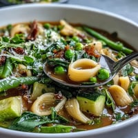 Spring Minestrone soup with vibrant vegetables and pasta in a fragrant broth, garnished with fresh basil and Parmesan.