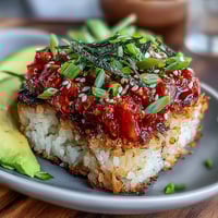 Spicy tuna crispy rice with creamy topping and golden fried squares on a serving platter.