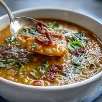 A steaming bowl of turmeric lemon lentil soup, rich with golden spices and bright citrus notes, served with fresh herbs.
