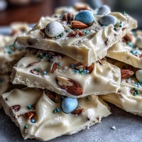 Festive white chocolate bark with pastel Easter eggs and crunchy pistachios, a colorful springtime treat.