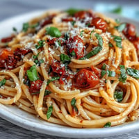Sweet cherry tomato confit pasta bathed in garlicky oil, perfect summer comfort food.