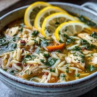 Bright Lemon Chicken Orzo Soup steaming in a bowl, garnished with fresh herbs.