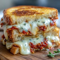 Kimchi grilled cheese fusion, golden brown and ooey-gooey, ready to be sliced.