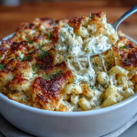 Creamy Dill Pickle Mac and Cheese with sharp cheddar and fresh dill garnish.