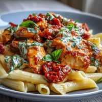 Creamy tomato basil chicken pasta, a rich and comforting Italian dish.