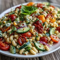 Vibrant summer corn and tomato pasta salad, bursting with fresh flavors and zesty dressing.