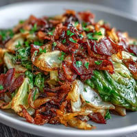 Golden-brown fried cabbage with crispy bacon and sweet caramelized onions.