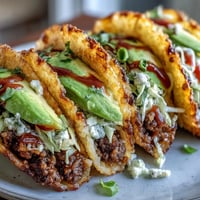 Golden crispy rice burger tacos piled high with fresh toppings.