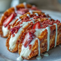 Creamy strawberry crunch cheesecake tacos piled high, a sweet dessert dream.