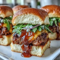Peach Bourbon BBQ Meatloaf Sliders glistening with sweet, smoky sauce on buns.