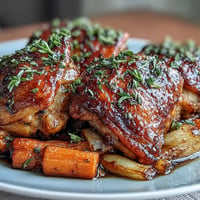 Golden Pear Balsamic Chicken with tender roasted carrots, glistening with savory glaze.